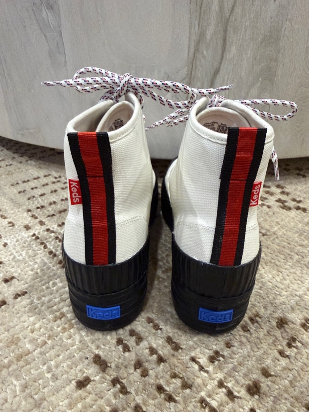 Keds White Canvas High-Top Sneakers with Red & Black Heel Stripe
